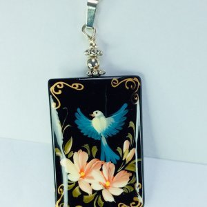 Hand painted on onyx bird, Russian signed, sterling silver chain