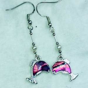 Pink abalone shell dolphin, freshwater pearls, sterling silver