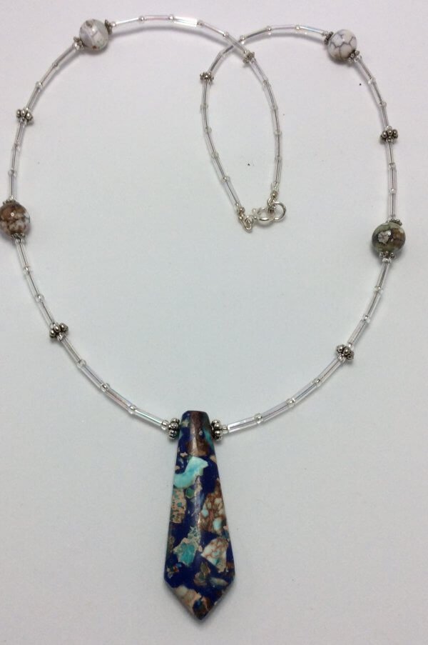 Lapis rainbow prase jasper, silver lined bugle beads, cyan impression jasper, sterling silver