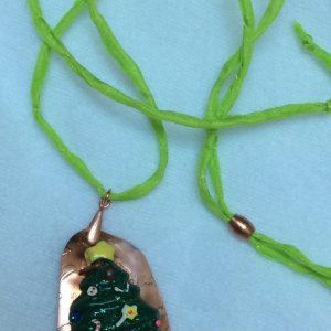Etched copper with resin christmas tree pendant silk adjustable