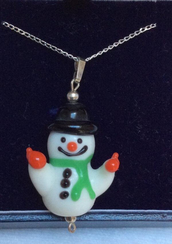 Lampwork snowman pendant sterling silver 18" sterling silver chain